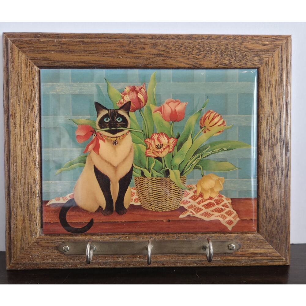 Siamese Cat Wall-Mounted Key Rack Wood Framed Tile Georgina's Country Creations - Picture 2 of 6